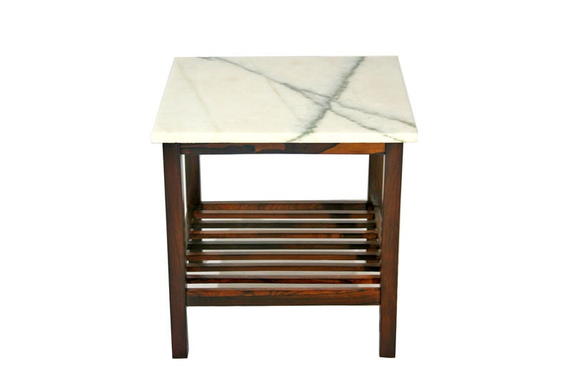 Pair of rosewood slat marble top side tables