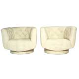 Pair of nubby raw silk tufted tub chairs