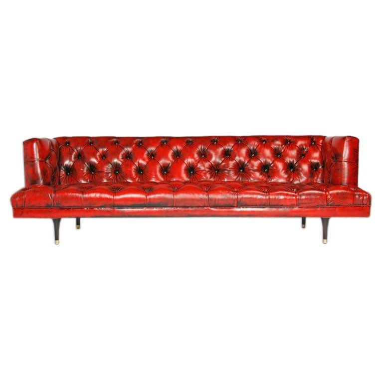 Dunbar high back red leather tufted sofa