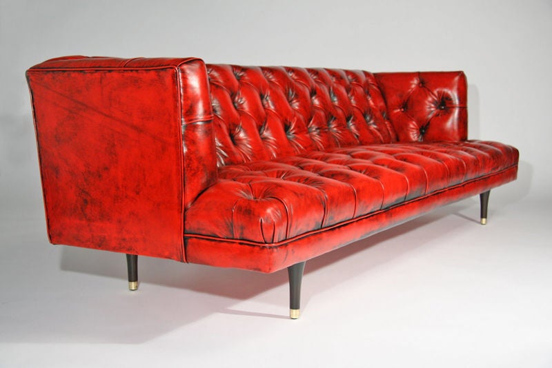 High back sofa with black washed red tufted leather by Dunbar.<br />
Seat depth: 23