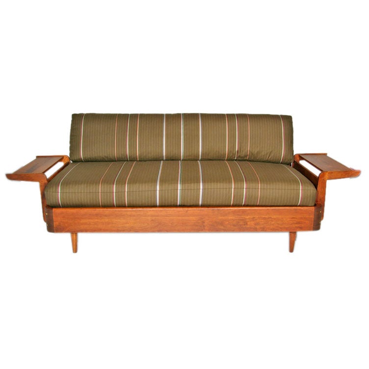 Exotic hardwood and leather winged craftsman sofa