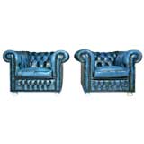 Set of blue leather chesterfield chairs