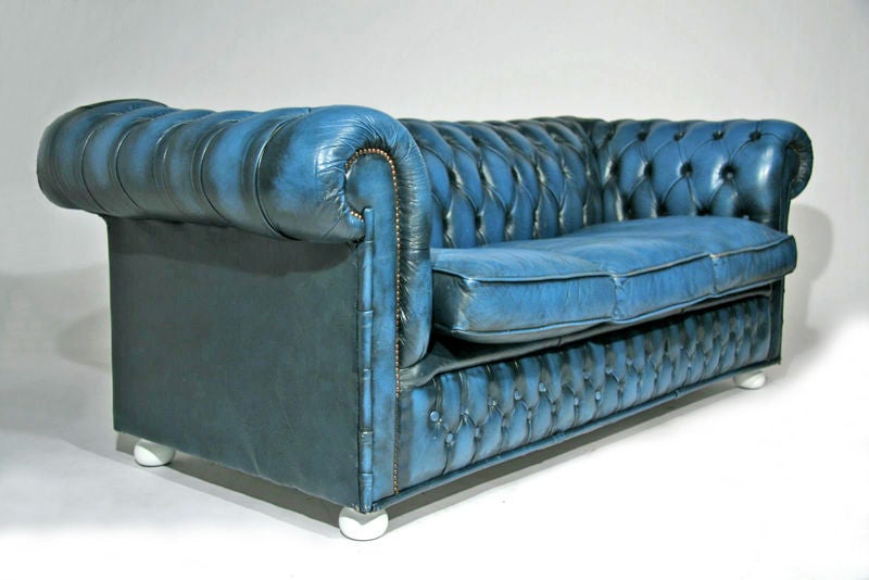 Swedish Blue leather chesterfield sofa