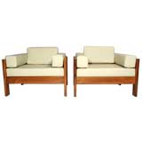 Pair of solid caviuna wood frame leather lounge chairs Pair of solid caviuna wood frame leather lounge chairs