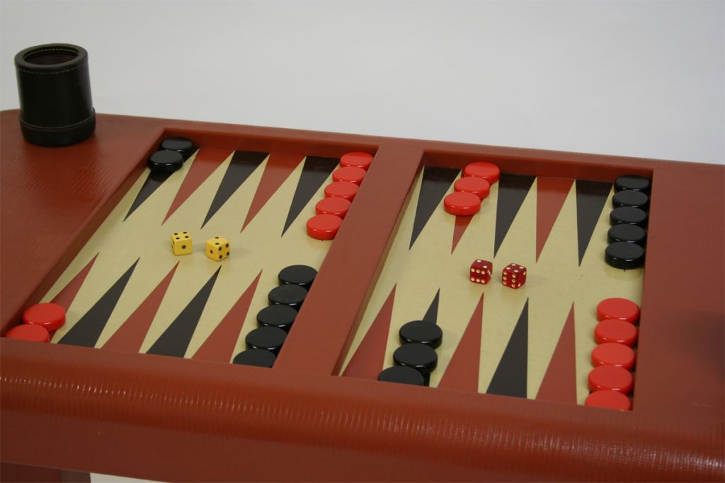 Backgammon set by Karl Springer. The set consist of all original bakelite backgammon pieces, table done in genuine snake skin.