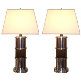 Pair of Chrome and Crackled Amber Glass Lamps