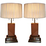 Pair of Tooled Leather Lamps with Drawers