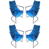 Set of Four Chrome and Blue Vinyl Chairs