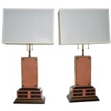 Pair of Tooled Leather Skyscraper Table Lamps