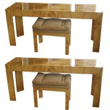 Pair of Milo Baughman Burled Olive Ash Consoles and Ottomans