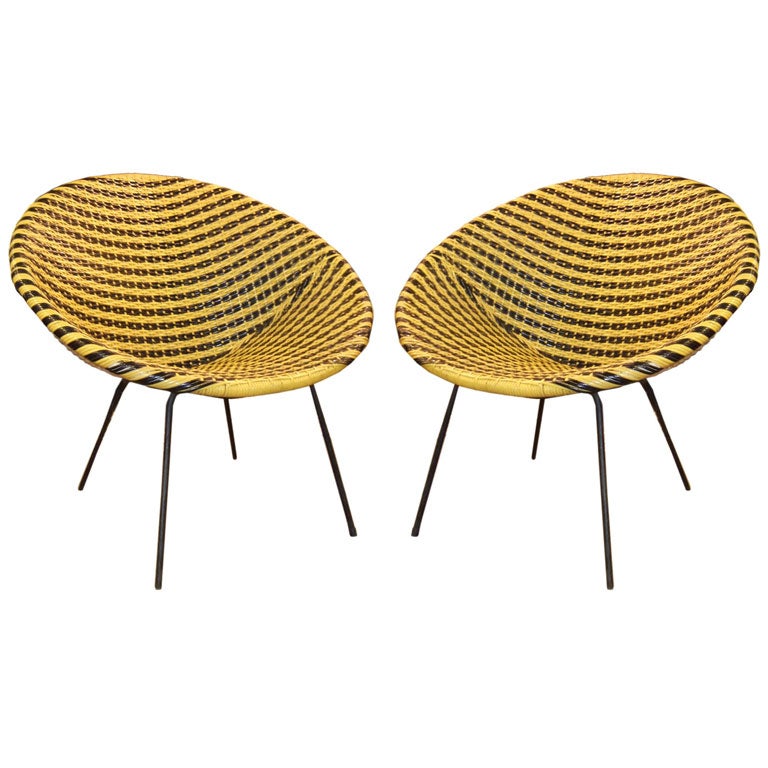 Pair of Black and Yellow Woven Womb Chairs