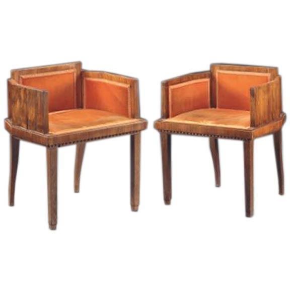 Pair of Art Deco Chairs with Carved Scrolling Sides For Sale