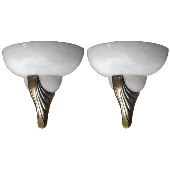 Pair of Art Deco Alabaster and Gilt Bronze Sconces / Wall Lights at 1stdibs