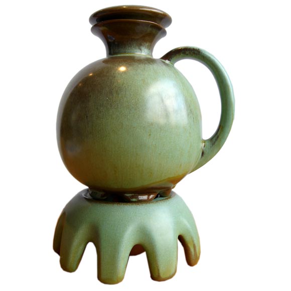 Green Studio Ceramic Lidded Vessel by Frankoma Pottery.