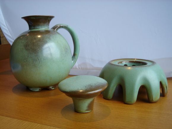 Mid-century studio ceramic lidded vessel on raised base. By John Frank's Frankoma Pottery of Norman, Oklahoma.

Thank you to Lance Cheney for his identification.