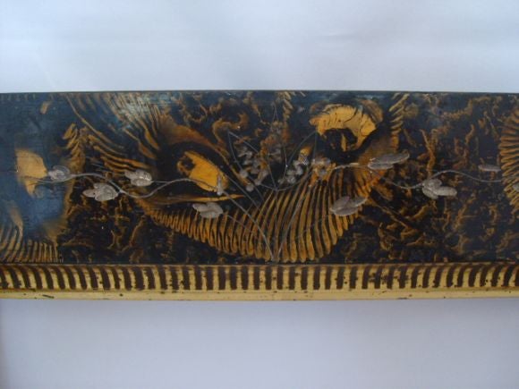 Beautifully decorated with hand brushwork as well as incising with a gold leaf trim.<br />
<br />
Outside frame: 13