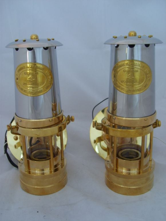 A Pair of Miner's Kerosene Lamps converted to sconces. 2