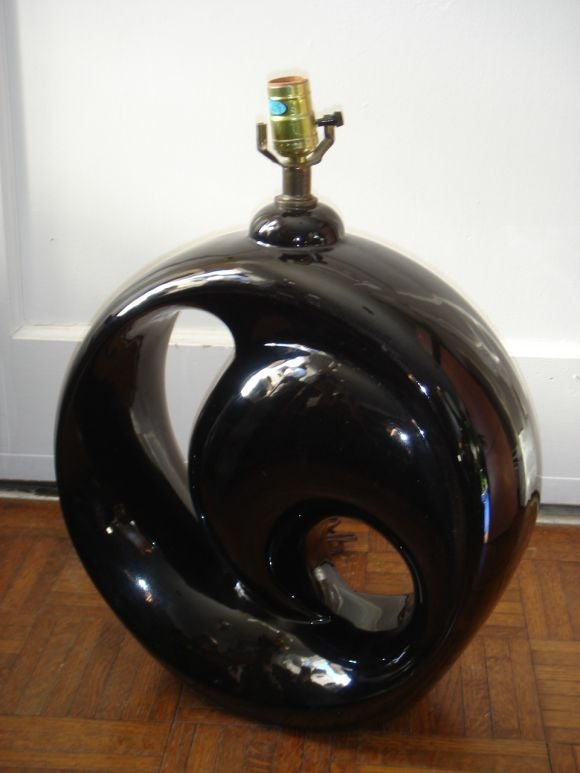 A Very Large Black Swirl Form Ceramic Lamp