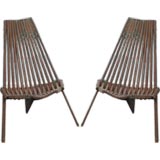 A Pair of Three-legged folding slat chairs