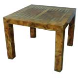 Table de jeu en loupe de bois d'olivier avec plateau de backgammon en métal encastré