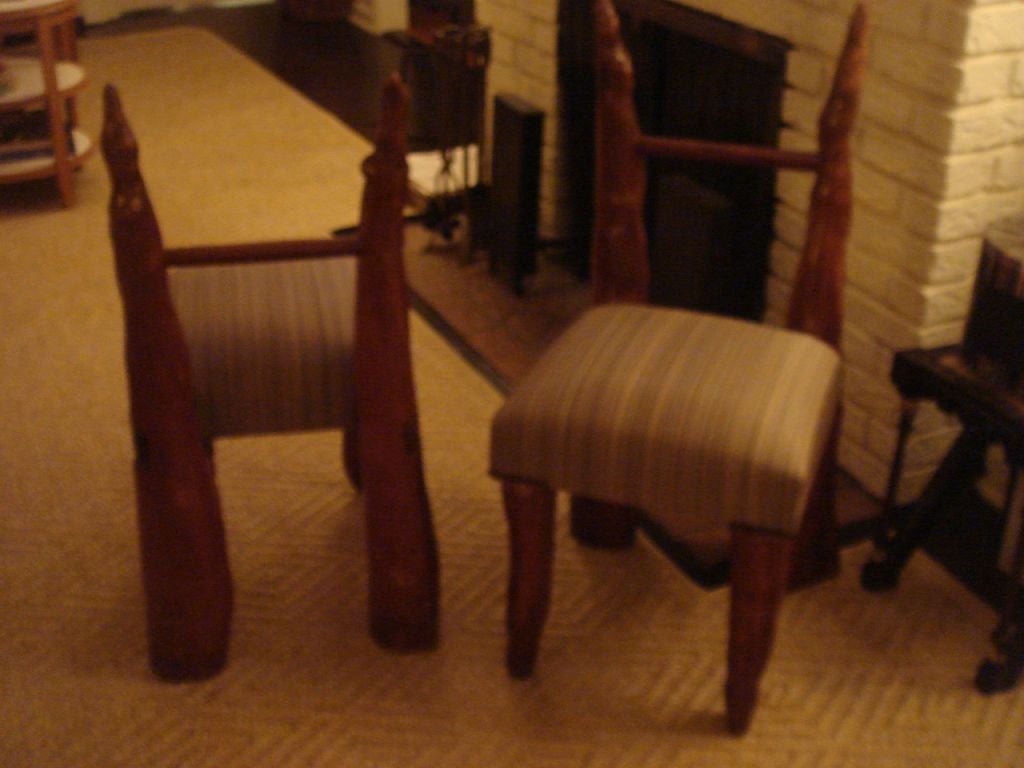 A pair of unique chairs fashioned from cypress knees, each re-upholstered in clarence house horsehair. 

Provenance: Polaroid estate in Palm Beach.