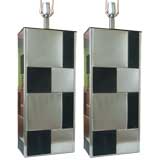 A Pair of Stainless Steel and Leather Patchwork lamps