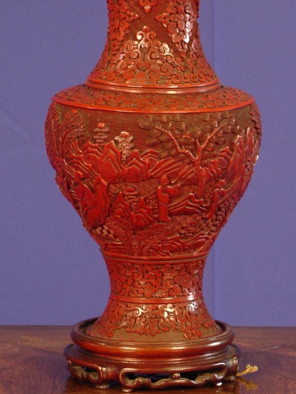 A fine Chinese Cinnabar  vase mounted as a lamp
