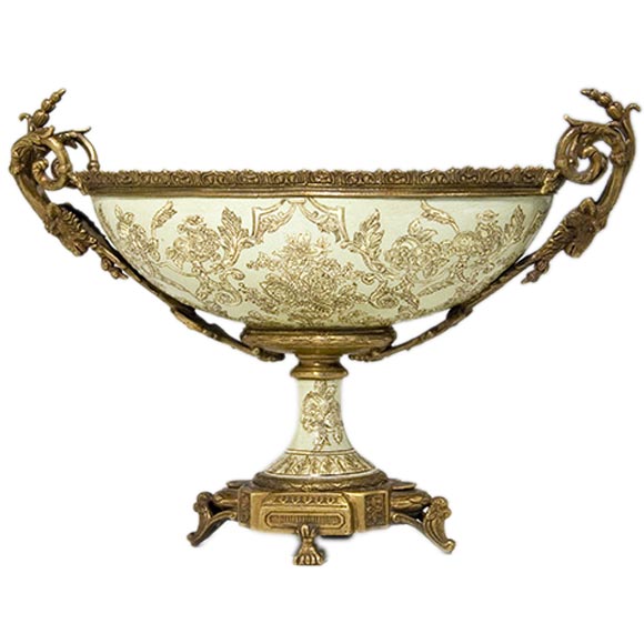 LOUIS XVI STYLE CLOISENNE FOOTED URN WITH BRASS MOUNTS For Sale