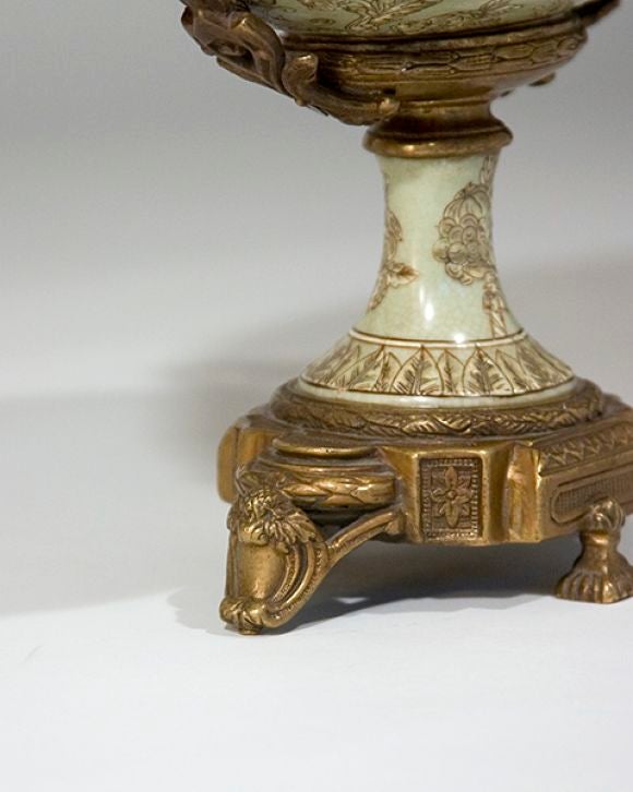19th Century LOUIS XVI STYLE CLOISENNE FOOTED URN WITH BRASS MOUNTS For Sale