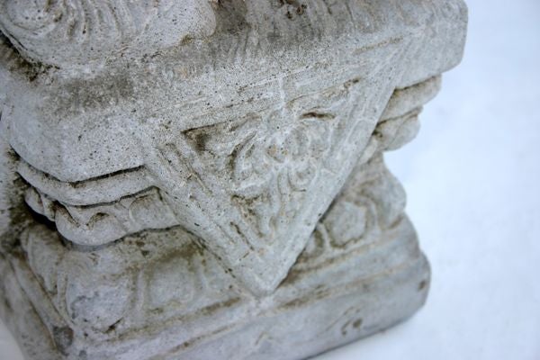 A PAIR OF CHINESE CAST STONE FU DOG GARDEN ORNAMENTS