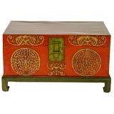 CHINESE RED LACQUER TRUNK ON STAND