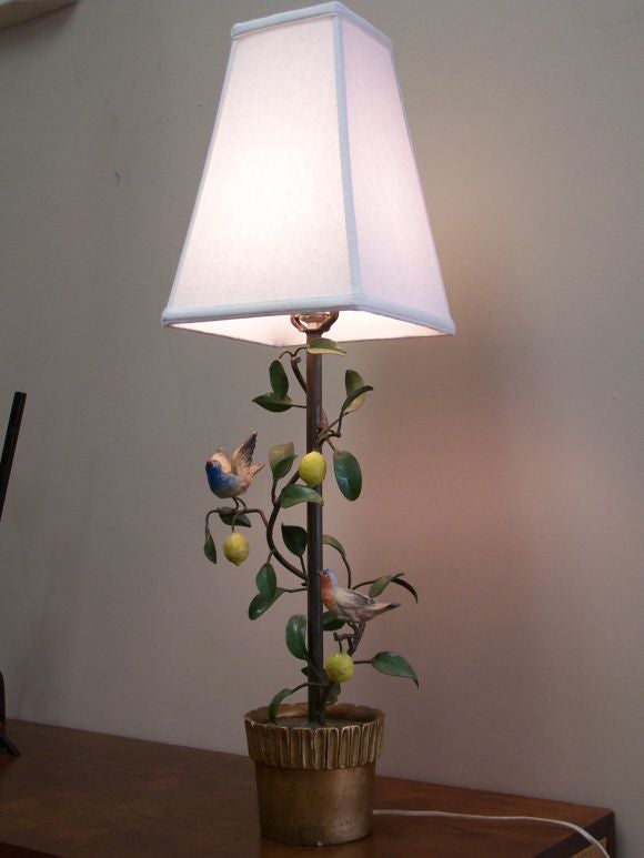 Metal Tole Lamp of Birds on a Lemon Tree