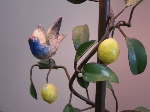 Mid-20th Century Tole Lamp of Birds on a Lemon Tree