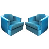 Pair of Incredible Blue Low Italian Mohair Armchairs