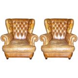 set of (2) leather chesterfield wingback chairs