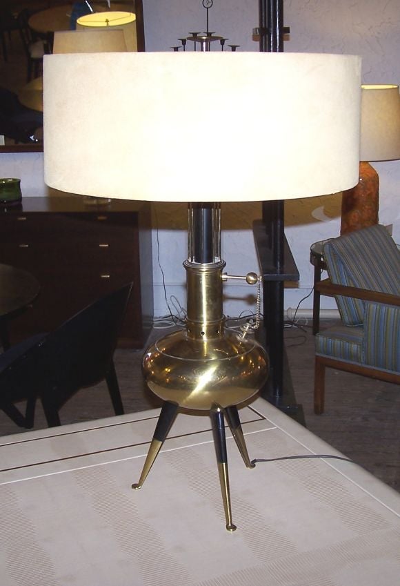 Beautiful lamp in the style of Gio Ponti, Stiffel.  Brass, wood, and what appears to be the original suede shade.***Contact Information: AOL (American Online) users may experience difficulties sending emails to us or receiving emails from us.  If