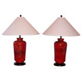 Pair of  Red/Black  Oriental Jar Form Ceramic Lamps