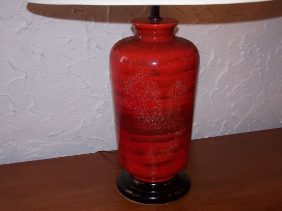 Pair of  Red/Black  Oriental Jar Form Ceramic Lamps