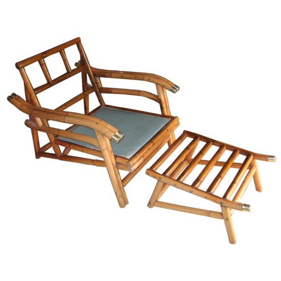 Mid Century Modern Cuban Rattan Lounge Chair and Ottoman