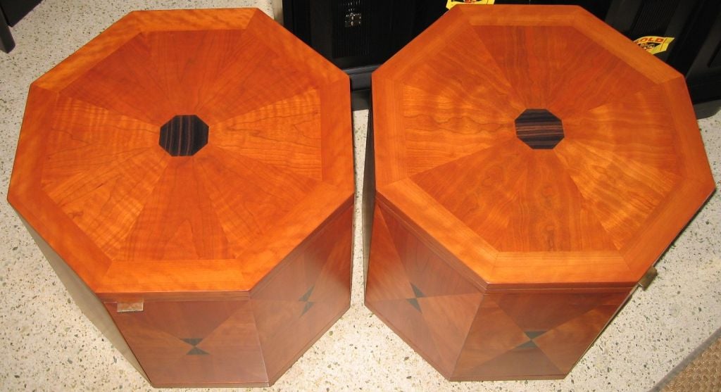 Late 70's examples by Henredon done in multiphasic veneer with accent inserts of macassar ebony, beautifully refinished with one internal shelf. can be used as end tables or night stands. 24 HOUR HOLD ONLY.