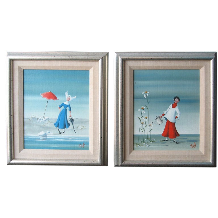 Pair of Oil on Canvas Religious Caricatures by Anpa