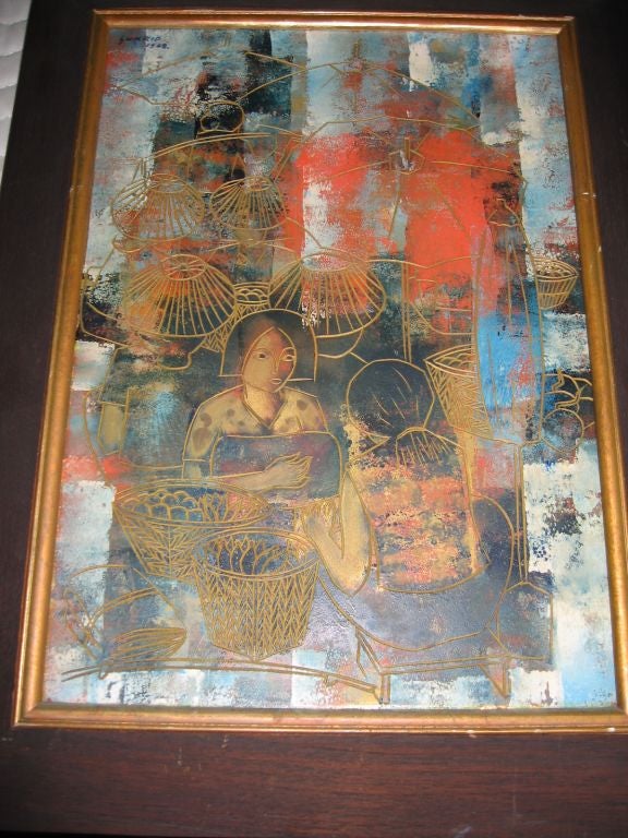 Gold Leaf Sukrid Thareenak Signed Oil on Masonite