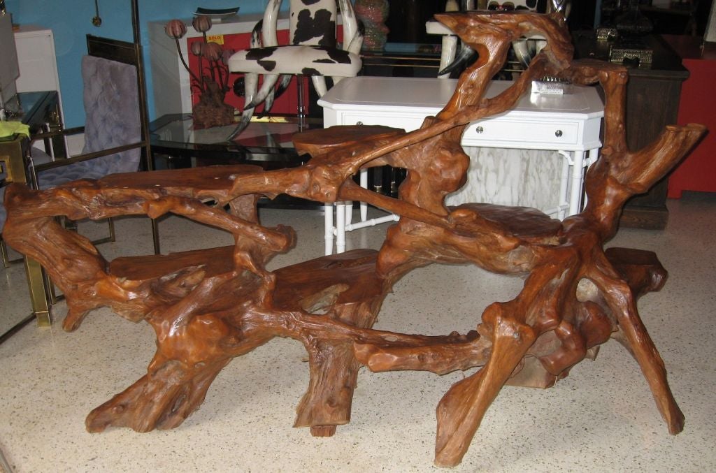 Massive subterranean teak root system from a tree probably well over 150 years old, removed and transformed into a room divider or screen sometime in the early 1960's. Recently polished to a warm glow, the divider has purposely flat areas to place