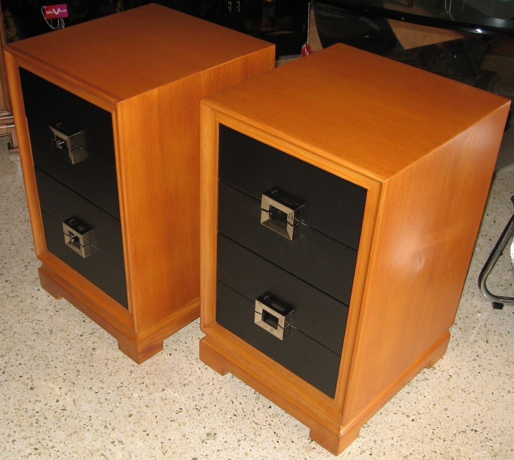 Late 40's pair of Red Lion Furniture Company night stands done in hardrock maple and ebonized mahogany. Nickel square pulls are original and just refinished. Elegant mid-century pair of stands with great storage. 24 HOUR HOLD ONLY