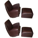 Pair Claudio Salocchi Designed Leather Chairs with Ottomans
