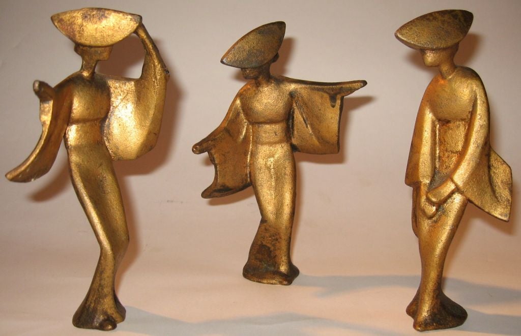 Mid Century Japanese Gilded Iron Set of Three Dancing Geishas