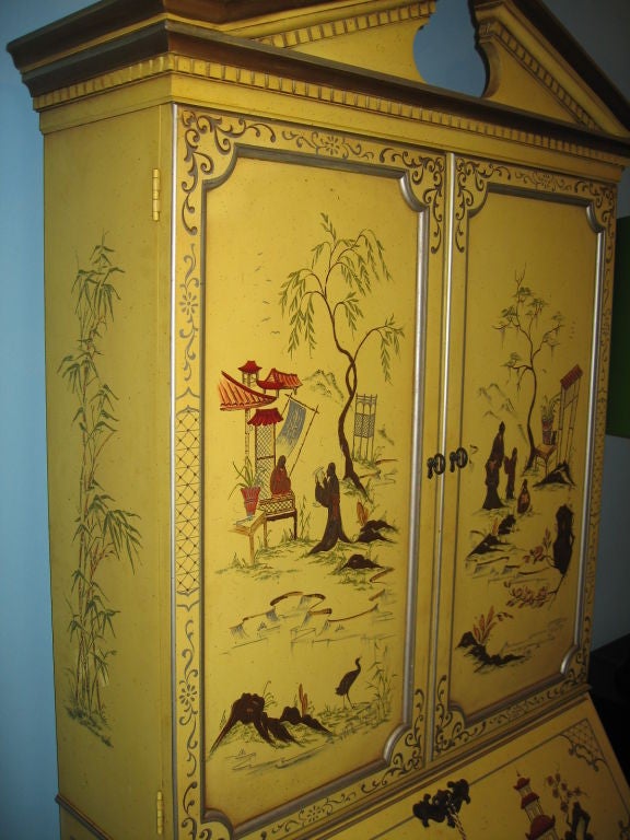 Hand-Painted Magnificent Drexel Chinoiserie Japanned Secretary Desk Cabinet