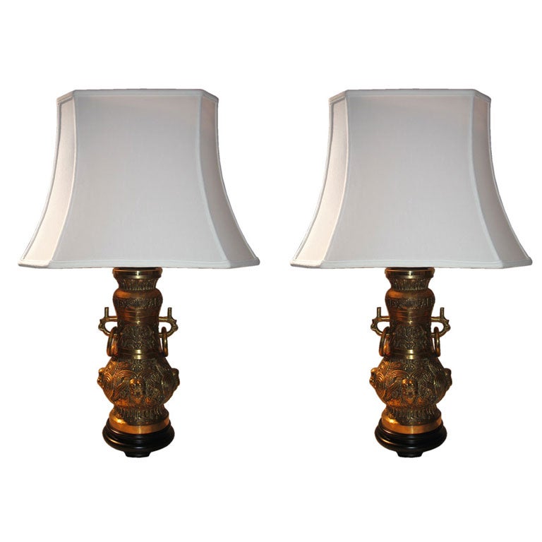 Pair Cast Brass Table Lamps in the Asian Taste