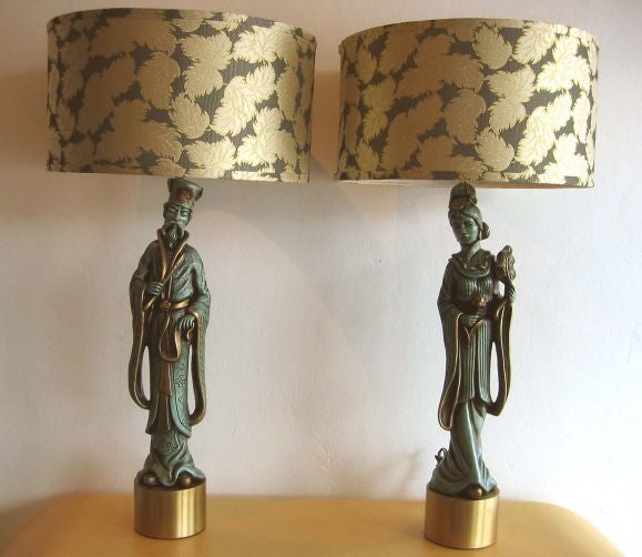Pair of Chinese figure lamps with custom brocade shades <br />
Universal Statuary, Chicago 1958