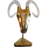 Brass Rams Head Sculpture with Glass Horns
